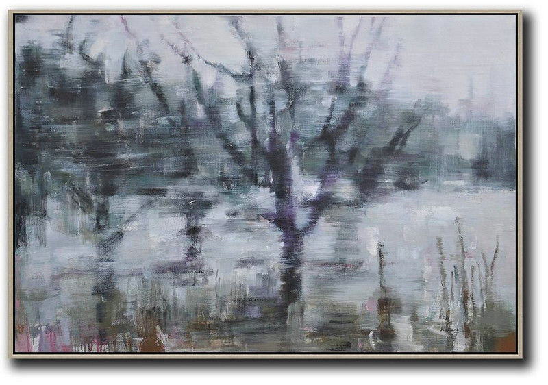 Extra Large Acrylic Painting On Canvas,Horizontal Abstract Landscape Oil Painting On Canvas,Modern Paintings,White,Dark Green,Purple,Black